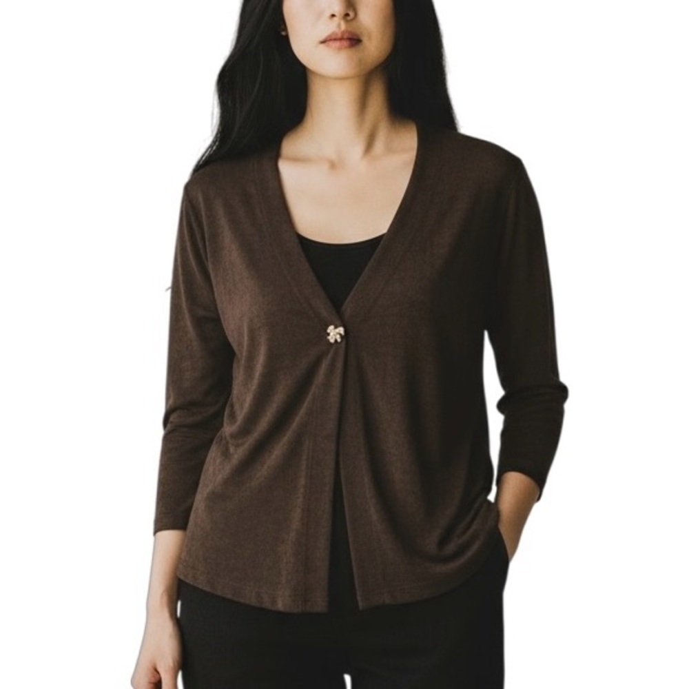 CHICOS Travelers Size 2 US L‎ 12/14 Brown Slinky Knit Cardigan Bell Sleeves